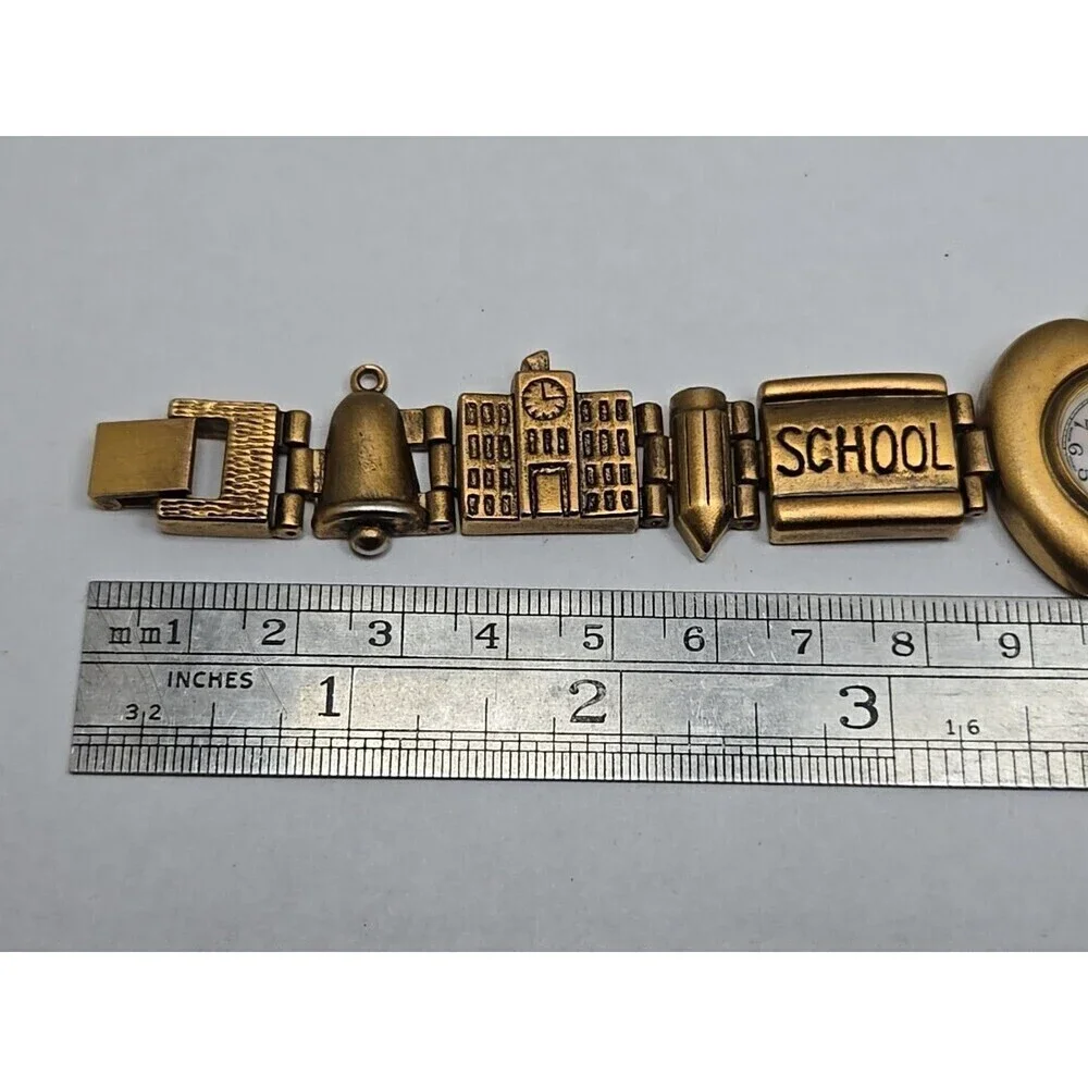 Teacher Apple Bracelet Watch Schoolhouse Charm Gold Tone Quartz New Battery Cute